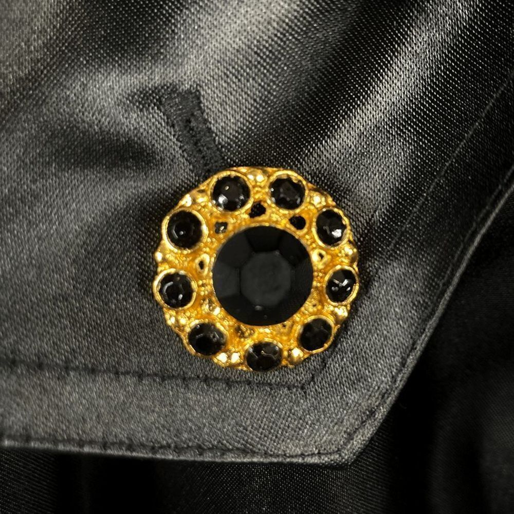 A.J. Bari S Black Satin Trench Coat 1 FLAW Deadstock 80s Puffed Sleeves Evening - Picture 11 of 12